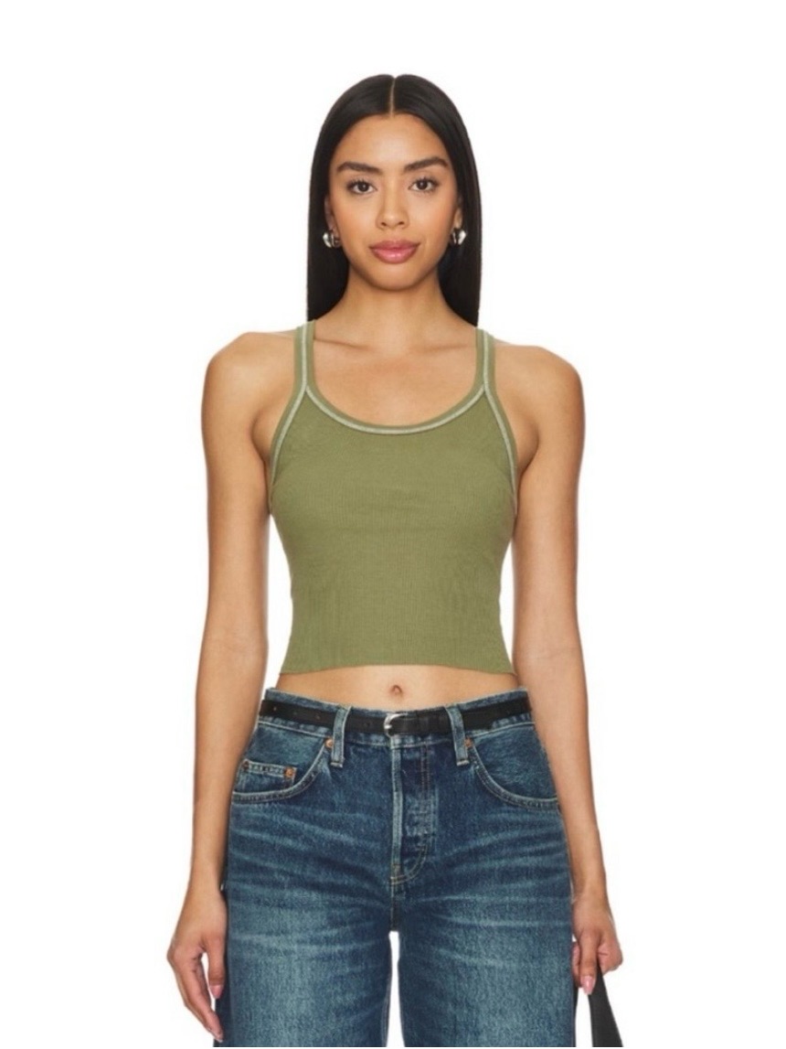 Nwt Re/Done X Hanes Olive Contrast-Trim Ribbed Cropped Tank Size Xs